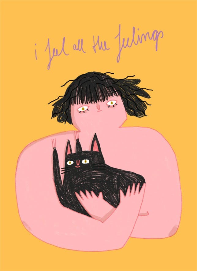 Slinga Illustration – Postkarte I FEEL ALL THE FEELINGS Frau mit Katze - WILDHOOD store