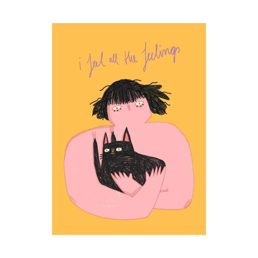Slinga Illustration – Postkarte I FEEL ALL THE FEELINGS Frau mit Katze - WILDHOOD store